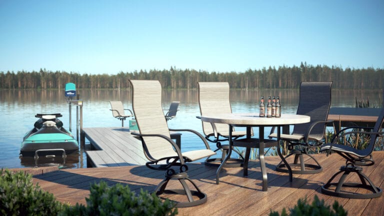 Lake deck setting with patio set and jet ski