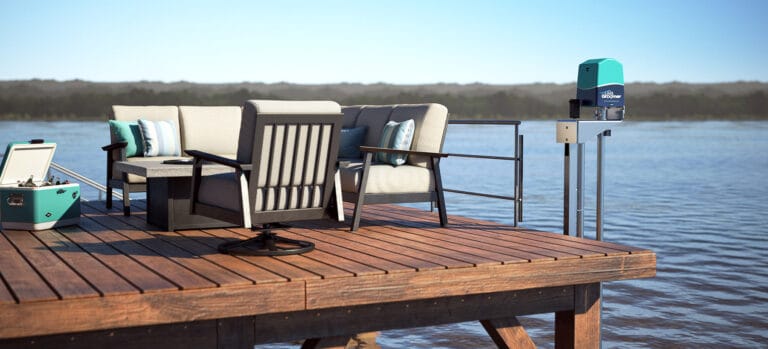 Lake Groomer on end of dock with chair setting